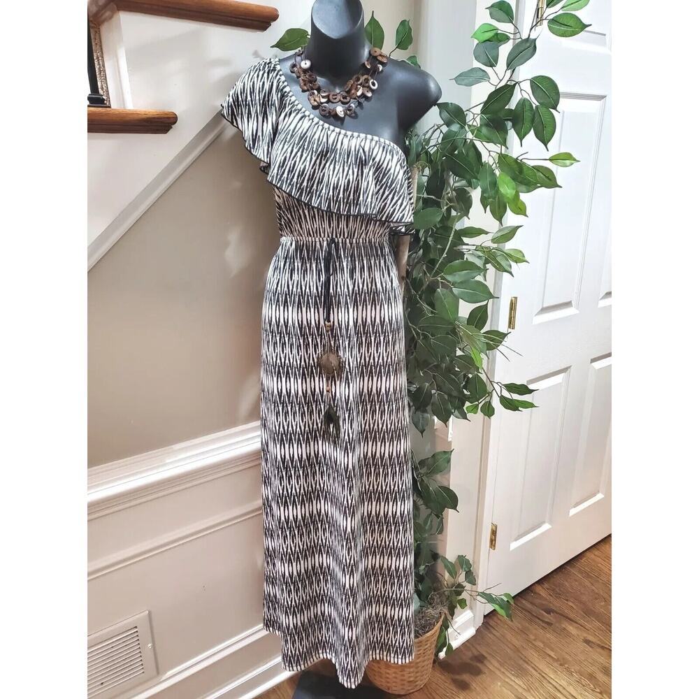 New Directions Women Black & White Polyester One Shoulder Off Long Maxi Dress L